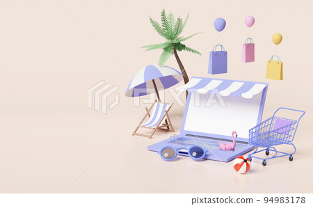 computer monitor with store front,beach chair,Inflatable flamingo,palm leaf,shopping cart,paper bags,online shopping summer sale concept, 3d illustration or 3d render computer monitor with store front,beach chair,Inflatable flamingo,palm leaf,shopping cart,paper bags,online shopping summer sale concept, 3d illustration or 3d render 94983178