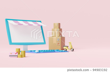 computer monitor with store front,goods box,scooter,credit card isolated on pink pastel background,franchise business or fast package shipping delivery concept ,3d illustration or 3d render 94983192