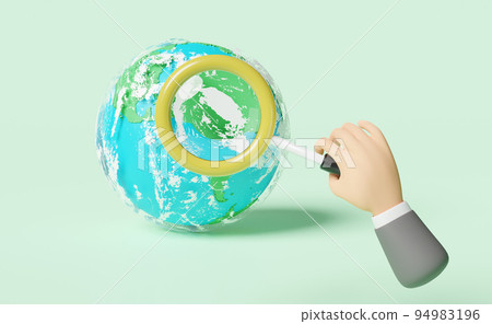 businessman hand holding magnifying glass with world isolated on green background ,3d illustration or 3d render businessman hand holding magnifying glass with world isolated on green background ,3d illustration or 3d render 94983196