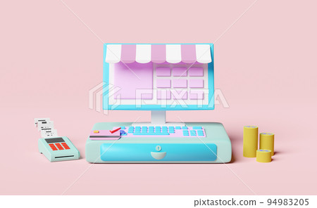 cash register machine with pos terminal, electronic bill payment, invoce or paper check receipt isolated on pink background ,3d illustration or 3d render 94983205