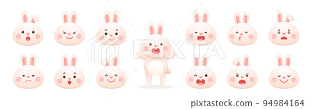 各種表情的可愛白色兔寶寶角色或吉祥物,中秋節或中國新年或復活節,向量卡通風格集 94984164