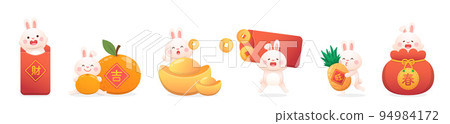 各種可愛兔寶寶角色或吉祥物,中國農曆新年元素,向量卡通風格集 94984172