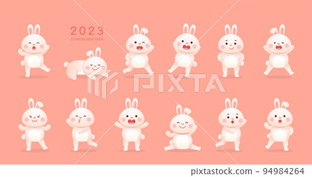 Cute white bunny baby character or mascot in various poses, mid autumn festival or chinese new year or easter, vector cartoon style set Cute white bunny baby character or mascot in various poses, mid autumn festival or chinese new year or easter, vector cartoon style set 94984264