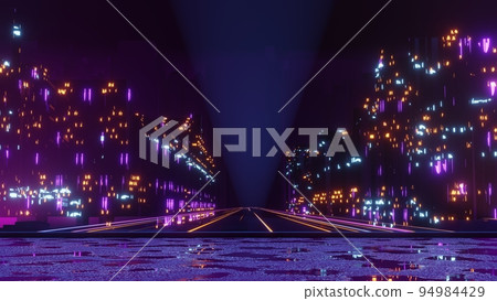 3d render of Cyber punk night city landscape concept. Light glowing on dark scene.  Night life. Technology network for 5g. Beyond generation and futuristic of Sci-Fi Capital city and building scene. 94984429