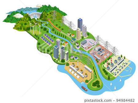 Cityscape illustration of life and living with electricity Variations available 94984482