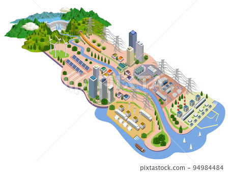 Cityscape illustration of life and living with electricity Variations available 94984484