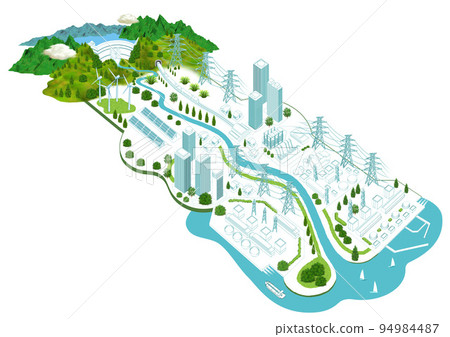 Cityscape illustration of life and living with electricity Variations available 94984487