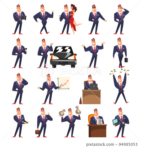Successful and Confident Businessman in Suit with Red Tie Engaged in Different Activity Big Vector Set Successful and Confident Businessman in Suit with Red Tie Engaged in Different Activity Big Vector Set 94985053