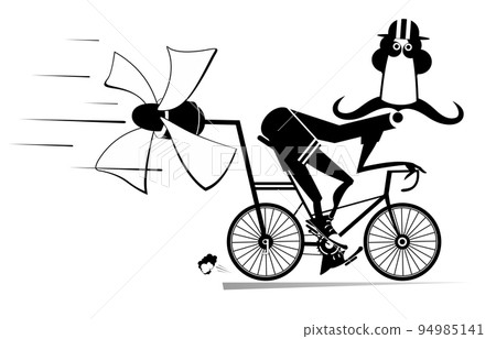 Cartoon man rides a bike isolated. Smiling long mustache man in helmet on the bike tries to ride faster using a propeller. Black on white 94985141