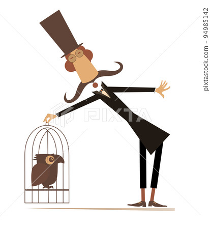 Mustache man in the top hat holds a cage with a bird.  Cartoon long mustache man in the top hat holds a cage with parrot. Isolated on white background 94985142