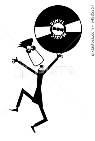 Cartoon funny DJ with long play record illustration. Dancing DJ holding a big vinyl record. Black on white background Cartoon funny DJ with long play record illustration. Dancing DJ holding a big vinyl record. Black on white background 94985257