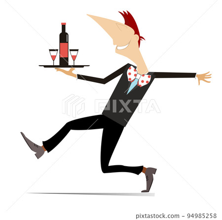 Comic man carries a tray with a bottle and two glasses illustration.  Smiling man carries a tray with alcohol drink and glasses isolated on white background Comic man carries a tray with a bottle and two glasses illustration.  Smiling man carries a tray with alcohol drink and glasses isolated on white background 94985258