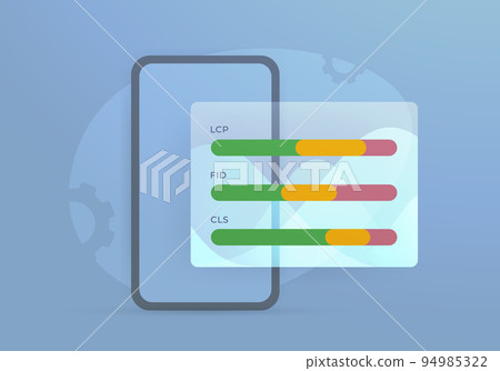 LCP, FID, CLS - Core Web Vitals web site performance metrics. Smartphone with scan results of the mobile website version. Vector illustration concept 94985322