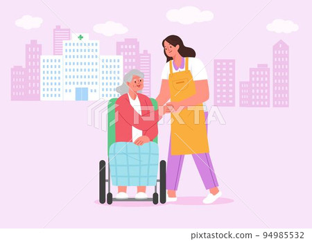 senior health, geriatric care helper_helping old people in wheelchairs in front of hospital 94985532