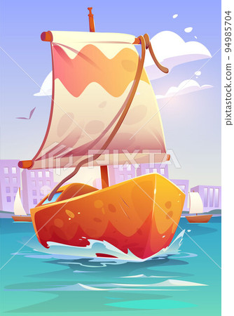 Beautiful cartoon boat sailing on clear blue water 94985704