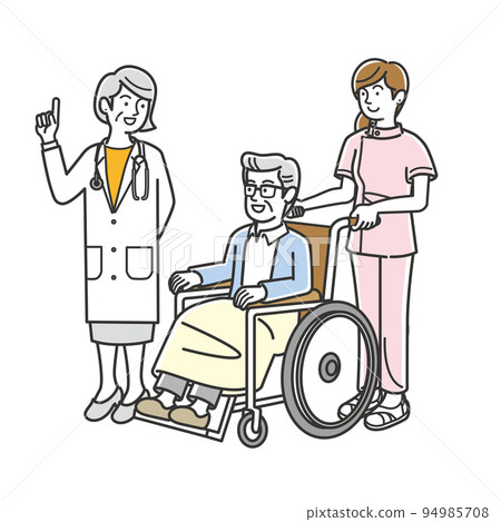 推輪椅的護士、老年男性患者和醫生的插圖 94985708