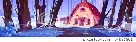 Fantasy house in winter forest, old stone shack Fantasy house in winter forest, old stone shack 94985801