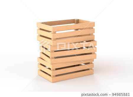 3D Stack of wooden boxes angle view. Pile blank rectangular crates, timber plank containers, tray or pallets for storage and delivery farm fruit or vegetable on white background 3D Stack of wooden boxes angle view. Pile blank rectangular crates, timber plank containers, tray or pallets for storage and delivery farm fruit or vegetable on white background 94985881