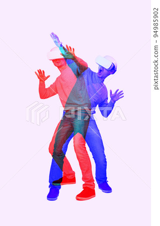 Man is using virtual reality headset. Image with double color exposure effect. 94985902