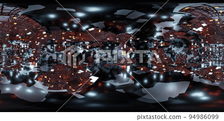 360 degree full panorama environment map of metallic dark room with glowing lights 3d render illustration hdri hdr vr virtual reality content 94986099