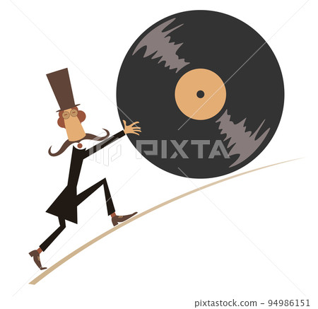 Cartoon man with long play record concept. Funny long mustache person in the top hat pushing big vinyl record. Isolated on white background 94986151