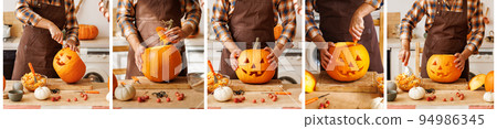 Collage of man in apron standing in kitchen and carving large orange Halloween pumpkin 94986345