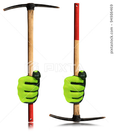 Hand with Protective Work Glove Holding a Pick Axe isolated on white Hand with Protective Work Glove Holding a Pick Axe isolated on white 94986469