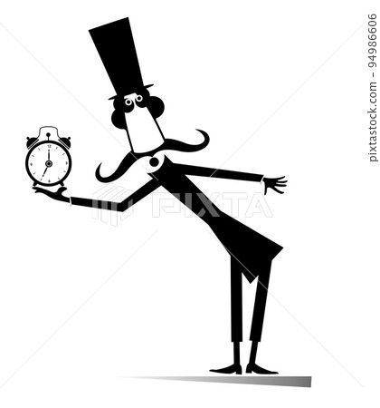 Cartoon man in the top hat holding alarm clock.  Comic long mustache man in the top hat holding time clock. Black on white background 94986606