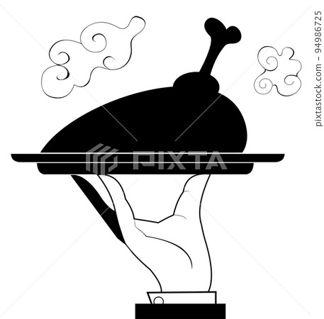 Waiter hand holding meat on the tray. Hand of the waiter holding a tray with fried meat, duck or chicken leg. Black and white 94986725