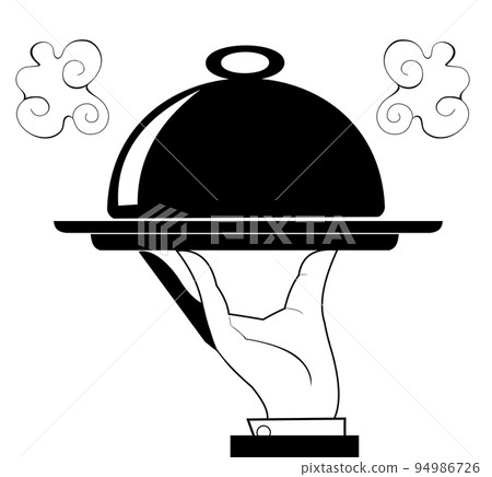 Waiter hand holding cloche serving plate.  Hand of the waiter holding cloche serving plate black on white background 94986726