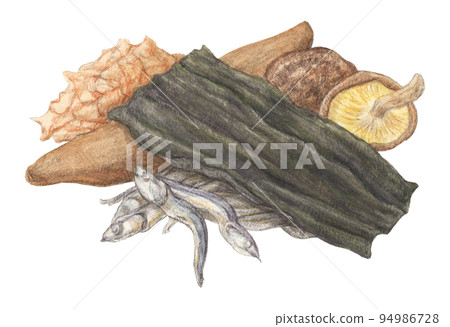 4 dashi ingredients drawn with watercolor pencils (kelp, dried sardines, bonito flakes, dried shiitake mushrooms) 4 dashi ingredients drawn with watercolor pencils (kelp, dried sardines, bonito flakes, dried shiitake mushrooms) 94986728