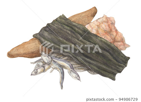 3 dashi ingredients drawn with watercolor pencils (kelp, dried sardines, dried bonito) 94986729