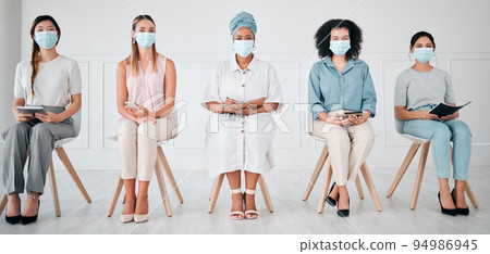 Compliance, recruitment and covid laws with business women waiting for an interview at corporate office. Hiring, corona and social distance with diverse group practice safety at company together 94986945
