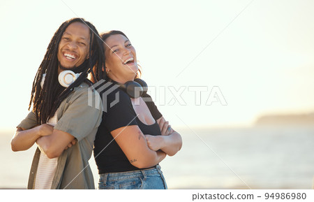 Summer, beach and headphones of friends listening to music or podcast on a fun holiday or vacation by ocean or sea with sunshine and sky mockup. Friendship, fun and happy people with an online audio 94986980