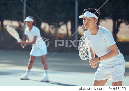 Tennis player team training for sports competition on court, teamwork for motivation in sport goal and action in collaboration event. Healthy athlete ready to play a game or match in partnership Tennis player team training for sports competition on court, teamwork for motivation in sport goal and action in collaboration event. Healthy athlete ready to play a game or match in partnership 94987453