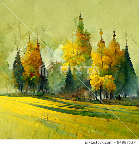 Autumn forest landscape. Colorful watercolor painting of fall season. Green and yellow trees. Autumn forest landscape. Colorful watercolor painting of fall season. Green and yellow trees. 94987537