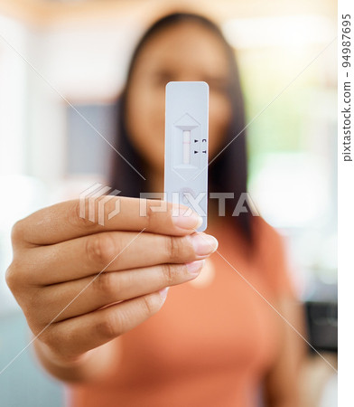 Woman hands, covid and negative rapid antigen test results for healthcare, medical risk and safety. Closeup of corona virus home testing kit, pcr cassette and medicine diagnostics check for wellness 94987695