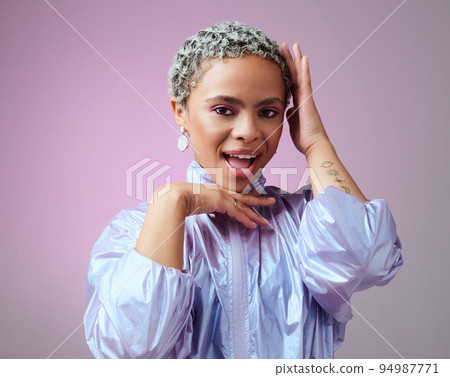 Retro fashion, black woman and happy portrait, unique makeup and neon style on pink studio background. Funky, bold and colorful young gen z girl, influencer and model with techno cyberpunk attitude 94987771
