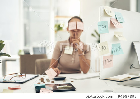 Tax, crime and money laundering with accountant or analyst stealing and hiding fraud, cover up with post it sticky notes. Bribe in office, Illegal finance scam and cash control by corrupt bookkeeper Tax, crime and money laundering with accountant or analyst stealing and hiding fraud, cover up with post it sticky notes. Bribe in office, Illegal finance scam and cash control by corrupt bookkeeper 94987893