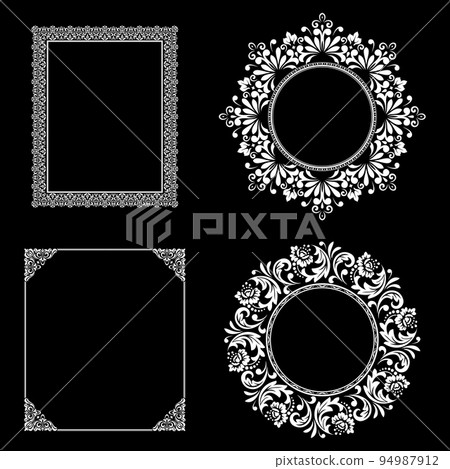 Set of decorative frames Elegant vector element for design in Eastern style, place for text. Floral black and white borders. Lace illustration for invitations and greeting cards. 94987912