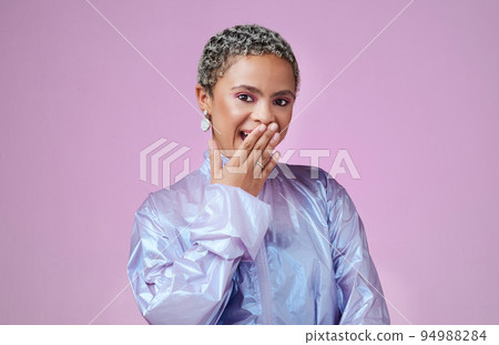 Happy, black woman and secret portrait with studio pink background with quirky and fashionable style. Trendy, surprised and wow black fashion girl with satisfied and shocked smile with wall mockup. Happy, black woman and secret portrait with studio pink background with quirky and fashionable style. Trendy, surprised and wow black fashion girl with satisfied and shocked smile with wall mockup. 94988284
