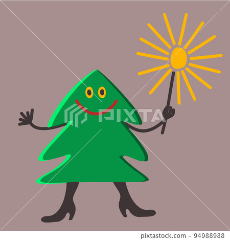 Happy smiling Christmas tree with sparkler in hand. New Year concept. Vector illustration. 94988988