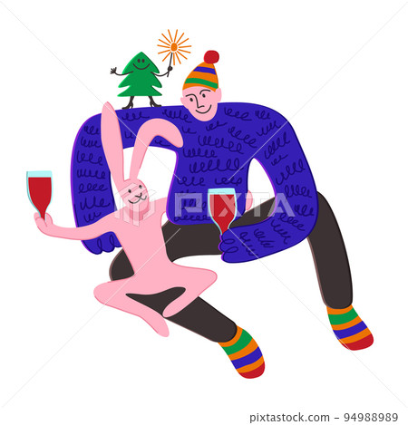 Man and rabbit hugging and drinking wine. Fir tree dancing on man's shoulder. Vector isolated illustration. New Year concept. Man and rabbit hugging and drinking wine. Fir tree dancing on man's shoulder. Vector isolated illustration. New Year concept. 94988989