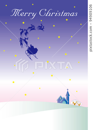 聖誕老人乘坐馴鹿雪橇飛翔的聖誕賀卡 94989106