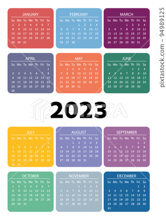 Vertical pocket calendar on 2023 year, color square. on white background. 94989125