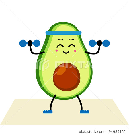 Cute Avocado character does sports weightlifting. Vector illustration Cute Avocado character does sports weightlifting. Vector illustration 94989131