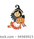 Cute watercolor illustration of a little witch girl October Halloween isolated on a white background 94989923