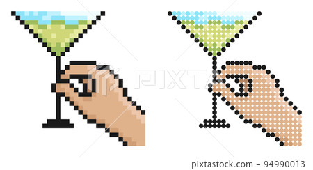 Pixel icon. Female hand holding glass with martini. Cocktails, alcoholic drinks, for menu of cafe. Simple retro game vector isolated on white background 94990013