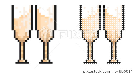 Pixel icon. Glasses with festive sparkling champagne. Cheers with glasses at New Year table. Simple retro game vector isolated on white background 94990014