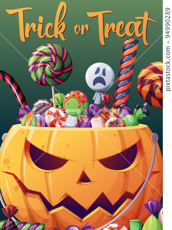 Vector poster of pumpkin with sweets. Halloween pumpkin, lollipop and candy. Postcard for the holiday. Happy Halloween, holiday symbol. Poster, postcard, invitation, a4 size banner. Vector poster of pumpkin with sweets. Halloween pumpkin, lollipop and candy. Postcard for the holiday. Happy Halloween, holiday symbol. Poster, postcard, invitation, a4 size banner. 94990289